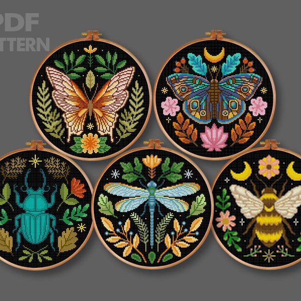 Flower Insects Cross Stitch Set Flower Moth Cross Stitch Stag Beetle Cross Stitch Bee Cross Stitch Butterfly Cross stitch Pattern PDF