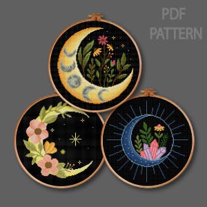 Luna Flower Cross Stitch Set Floral Moon Cross Stitch Moon Phases Cross Stitch Celestial Cross Stitch PDF Instant Download