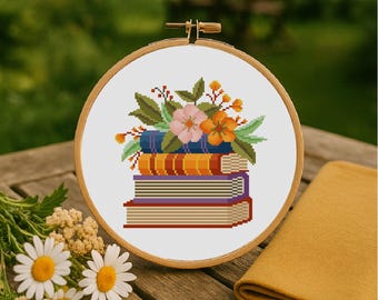 Flower and Books Cross Stitch Pattern Reading Cross Stitch Pattern Flower Books Pattern PDF Instant Download