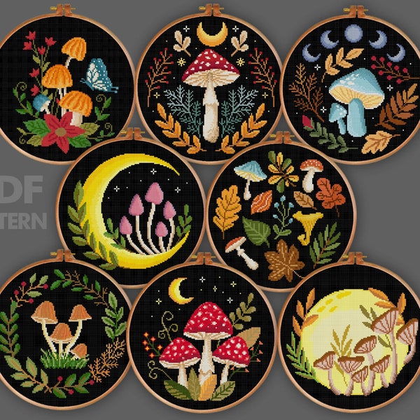 Mushrooms Cross Stitch Set Witchy Fungi Cross Stitch Fly Agaric Cross Stitch Woodland Cross Stitch Fall Cross Sttch Pattern PDF