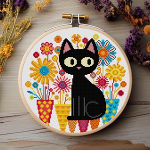 Black Cat and Flower Cross Stitch Pattern Abstarct Flower Cross Stitch Pattern Cat Cross Stitch PDF Instant Download