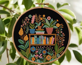 Patrón de punto de cruz de flores y libros Patrón de punto de cruz de estanterías Patrón de bordado de lectura Patrón de libros y plantas Descarga instantánea en PDF