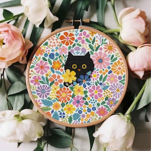 Patrón de punto de cruz de gato con flores Patrón de punto de cruz de gato floral Regalo para amantes de los gatos Punto de cruz Descarga instantánea en PDF