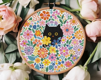 Cat in Flowers Cross Stitch Pattern Floral Cat Cross Stitch Pattern Cat Lover Gift Cross Stitch PDF Instant Download