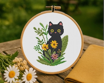 Cat and Flowers Cross Stitch Pattern Floral Cat Cross Stitch pattern Black Cat Cross Stitch PDF Pattern Instant Download