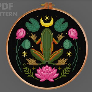 Frog Cross Stitch Pattern Lotus Cross Stitch Moon Cross Stitch PDF Pattern Instant Download