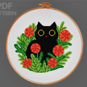 Cat and Flower Cross Stitch Pattern Flower Cross Stitch pattern Black Cat Cross Stitch PDF Pattern Instant Download