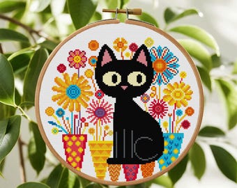 Black Cat and Flower Cross Stitch Pattern Abstarct Flower Cross Stitch Pattern Cat Cross Stitch PDF Instant Download