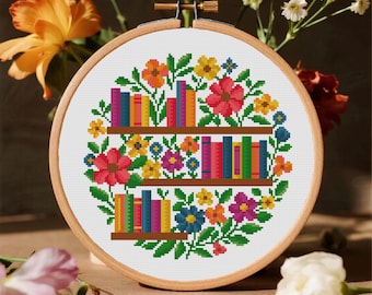 Floral Bookshelves Cross Stitch Pattern Reading Cross Stitch Pattern Flower Bookshelves Cross Stitch Pattern PDF Instant Download