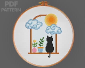 Black Cat Cross Stitch Pattern Sun And Cloud Cross Stitch PDF Pattern Instant Download