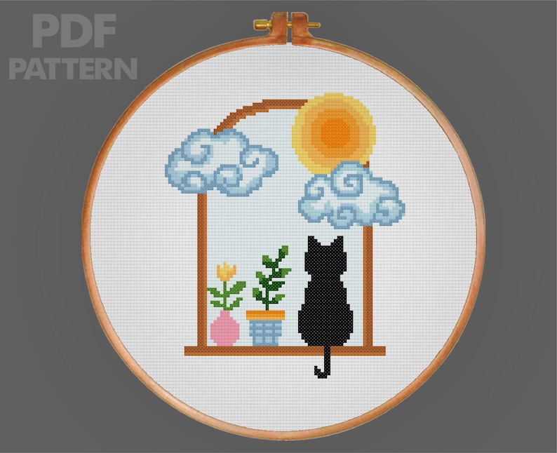 May include: Cross stitch pattern of a black cat sitting in a window with a yellow sun, blue clouds, and green plants in pots. The window is framed in brown.