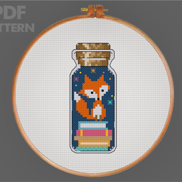 Fox and Books Cross Stitch Bottle Cross Stitch Pattern Fox Cross Stitch PDF Pattern Instant Download