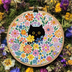 Patrón de punto de cruz de gato con flores Patrón de punto de cruz de gato floral Regalo para amantes de los gatos Punto de cruz Descarga instantánea en PDF