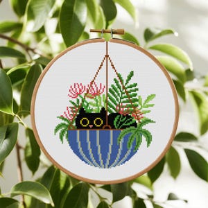 Cat and Flower Cross Stitch Pattern Potted Plant Cross Stitch pattern Black Cat Cross Stitch PDF Pattern Instant Download
