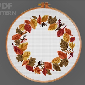Autumn Wreath Cross Stitch Pattern Fall Cross Stitch Autumn Leaves Cross Stitch Pattern Modern Cross Stitch PDF Instant Download