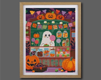 Halloween Candy Shop Cross Stitch Spooky Cross Stitch Trick Or Treat Cross Stitch , Cute Ghost Cross Stitch Pattern Instant Download