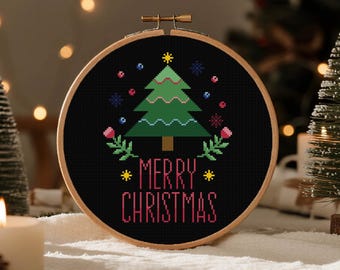 メリークリスマスツリーのレタリングクロスステッチパターン：簡単な