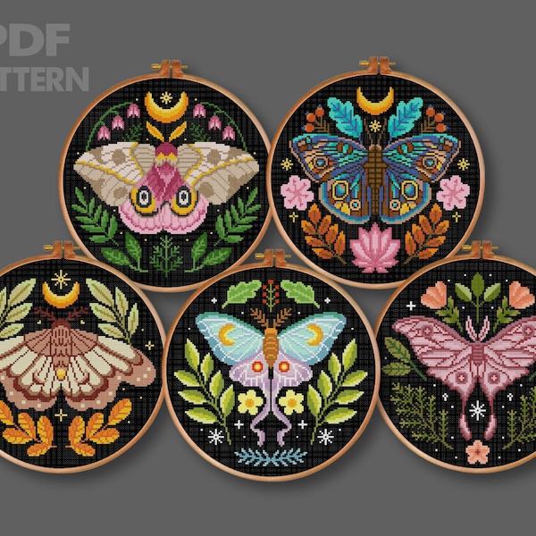 Flower Moth Set Cross Stitch Luna Moth Cross Stitch Pattern Insects Cross stitch Pattern Moon Moth Cross Stitch PDF Pattern