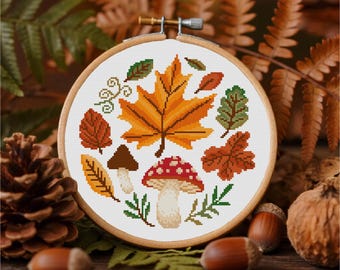 Autumn Leaves Cross Stitch Pattern Fall Cross Stitch Mushroom Cross Stitch Autumn Cross Stitch PDF Instant Download