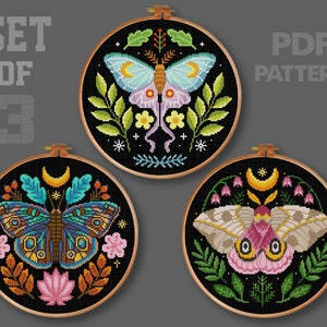 Flower Moth Set Cross Stitch Luna Moth Cross Stitch Pattern Insects Cross stitch Pattern Moon Moth Cross Stitch PDF Pattern