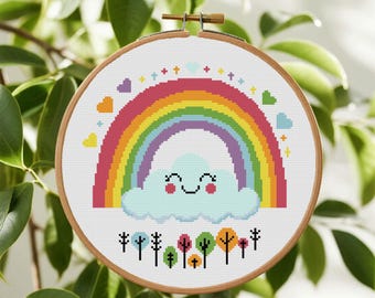 Rainbow Cross Stitch Cute Cross Stitch Rainbow Floral Cross Stitch Kawaii Cross Stitch PDF Pattern Instant Download