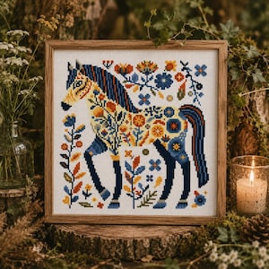 Horse Cross Stitch Pattern , Floral Horse Cross Stitch,  Horse Folk Artl Cross Stitch PDF Pattern Instant Download