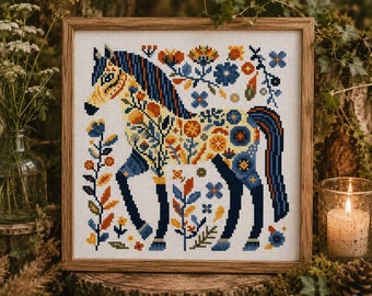 Horse Cross Stitch Pattern , Floral Horse Cross Stitch,  Horse Folk Artl Cross Stitch PDF Pattern Instant Download
