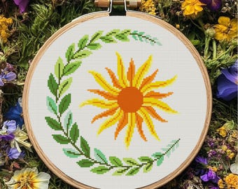 Kreuzstichmuster Sonne und Mond, Blatt-Kreuzstich, Sonnen-Kreuzstichmuster (PDF-Sofortdownload)