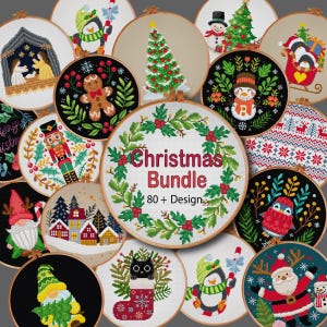 Puede incluir: Una colección de aros de bordado de punto de cruz con temática navideña. Los diseños incluyen un hombre de jengibre, un muñeco de nieve, un árbol de Navidad, Papá Noel y pingüinos. El aro central dice "Christmas Bundle 80+ Design".