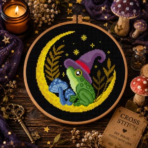 Motif de point de croix grenouille lune, grenouille magique, point de croix, point de croix fantaisiste, modèle PDF à téléchargement immédiat