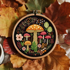 Mushroom Cross Stitch ,Autumn Forest Toadstool Hoop Art , Witchy Fungi Cross Stitch Fly Agaric Cross Stitch ,Whimsical Cross Stitch