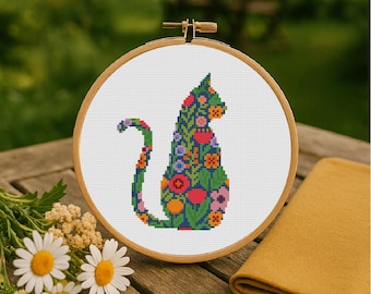 Kreuzstichmuster Katze floral Kreuzstichmuster Katzenliebhaber Geschenk, Katze Kreuzstich PDF Muster Instant Download