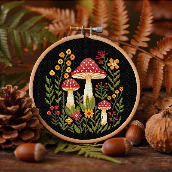 Mushrooms Cross Stitch Witchy Fungi Cross Stitch Fly Agaric Cross Stitch Mushroom Flowers Cross Stitch Pattern Instant Download