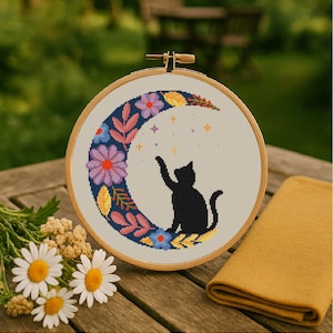 Patrón de punto de cruz de luna y gato, punto de cruz de flores, patrón de punto de cruz de noche y cielo estrellado, descarga instantánea en PDF