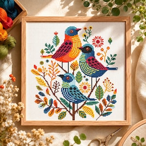 Birds Cross Stitch Pattern Floral Bird Cross Stitch Bird and Leaves Cross Stitch PDF Pattern Instant Download