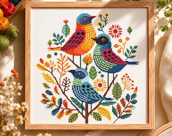 Birds Cross Stitch Pattern Floral Bird Cross Stitch Bird and Leaves Cross Stitch PDF Pattern Instant Download
