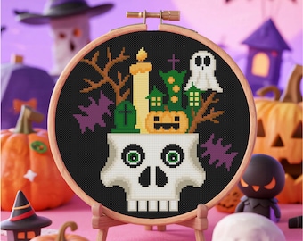 Halloween korsstygnsmönster Dödskalle korsstygnsmönster Bus eller godis korsstygn PDF-mönster direkt nedladdning