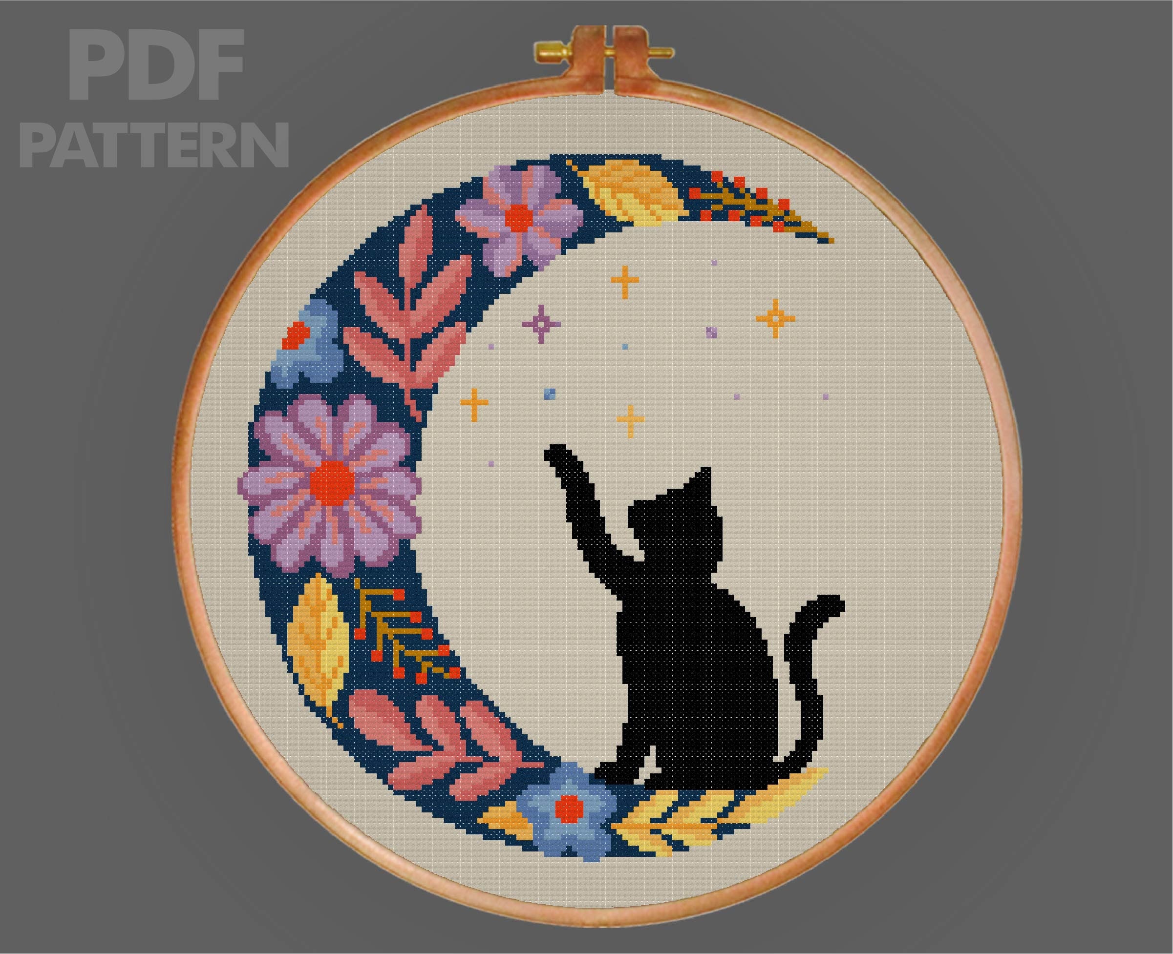 Fabulous Feline Night Cat by the Moon Colourful Cats Series Cross  Stitch/tapestry PDF Chart by Vivsters Cross Stitch Pattern 083 
