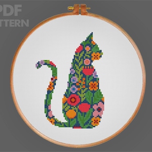 Floral Cat Cross Stitch Pattern Flower Cat Cross Stitch Pattern Cat Lover Gift , Cat Cross Stitch PDF Pattern Instant Download