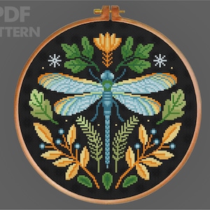 Dragonfly Flower Cross Stitch Dragonfly Cross Stitch Pattern Insect Cross Stitch X Stitch PDF Pattern Instant Download