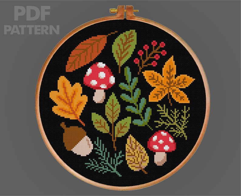 Autumn Leaves Cross Stitch Pattern Mushroom Cross Stitch Maple Leaves ...