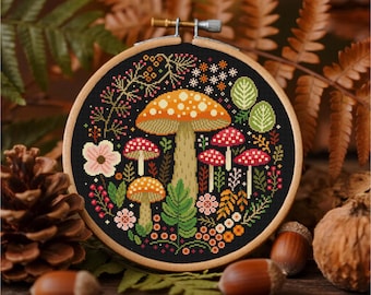 Mushroom Cross Stitch ,Autumn Forest Toadstool Hoop Art , Witchy Fungi Cross Stitch Fly Agaric Cross Stitch ,Whimsical Cross Stitch