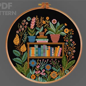 Flower and Books Cross Stitch Pattern Bookshelves Cross Stitch Pattern Reading Embroidery Books and plants Pattern PDF Instant Download