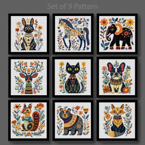 Folk Art Animal Cross Stitch Set Scandinavian Animal Cross Stitch Folk Forest Cross Stitch, Cat, Dog, Bear, Fox Cross Stitch PDF