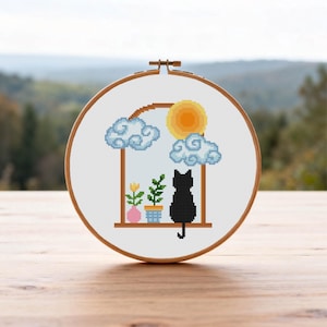 Black Cat Cross Stitch Pattern Sun And Cloud Cross Stitch PDF Pattern Instant Download image 1