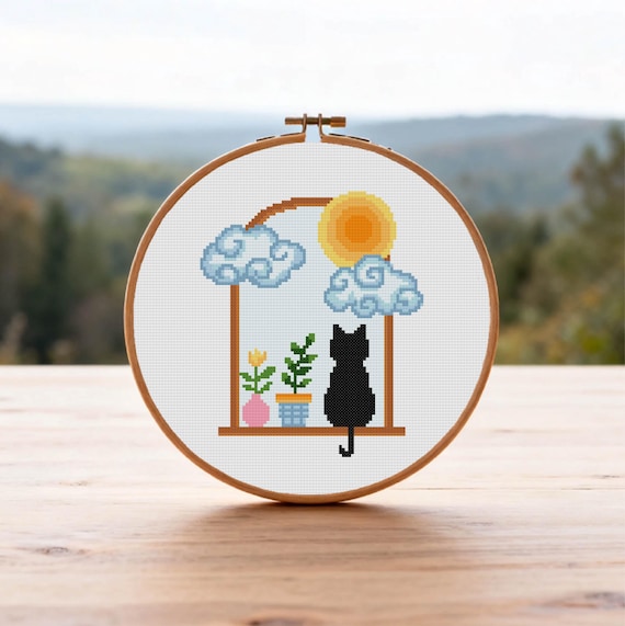 Black Cat Cross Stitch Pattern Sun And Cloud Cross Stitch PDF Pattern Instant Download