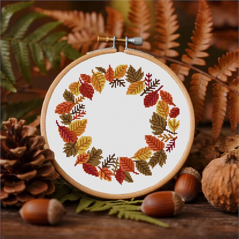 Autumn Wreath Cross Stitch Pattern Fall Cross Stitch Autumn Leaves ...