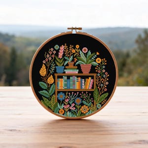 Flower and Books Cross Stitch Pattern Bookshelves Cross Stitch Pattern Reading Embroidery Books and plants Pattern PDF Instant Download