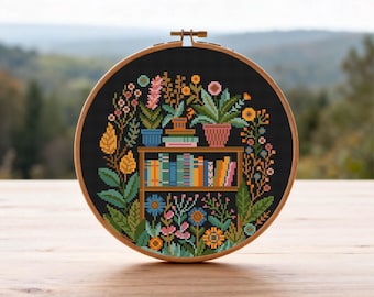Flower and Books Cross Stitch Pattern Bookshelves Cross Stitch Pattern Reading Embroidery Books and plants Pattern PDF Instant Download