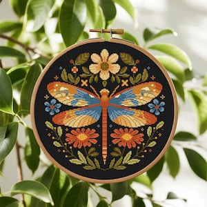 Patrón de punto de cruz de flor de libélula Patrón de punto de cruz de libélula Punto de cruz de insectos Arte popular Punto de cruz PDF Descarga instantánea